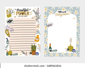 Collection of weekly or daily planner, note paper, to do list, stickers templates decorated by cute beauty cosmetic illustrations and trendy lettering. Trendy scheduler or organizer. Flat vector