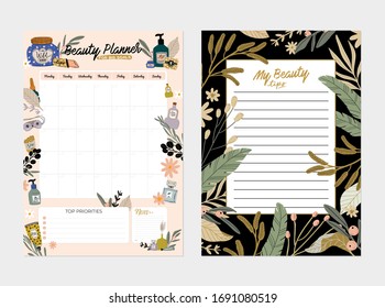 Collection of weekly or daily planner, note paper, to do list, stickers templates decorated by cute beauty cosmetic illustrations and trendy lettering. Trendy scheduler or organizer. Flat vector