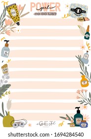 Collection of weekly or daily planner, note paper, to do list, stickers templates decorated by cute beauty cosmetic illustrations and trendy lettering. Trendy scheduler or organizer. Flat vector