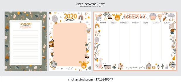 Collection of weekly or daily planner, note paper, to do list, stickers templates decorated by cute kids illustrations and inspirational quote. School scheduler and organizer. Flat vector