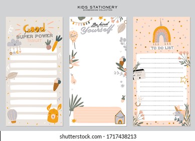 Collection of weekly or daily planner, note paper, to do list, stickers templates decorated by cute kids illustrations and inspirational quote. School scheduler and organizer. Flat vector