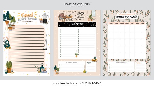 Collection of weekly or daily planner, note paper, to do list, stickers templates decorated with home interior decor illustrations and inspirational quote. School scheduler and organizer. Flat vector