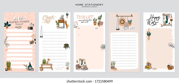 Colección de planificadores semanales o diarios, papel de nota, para hacer lista, plantillas de emoticones decorados con ilustraciones de decoración interior casera y una cita inspiradora. Programador escolar y organizador. Vector plano