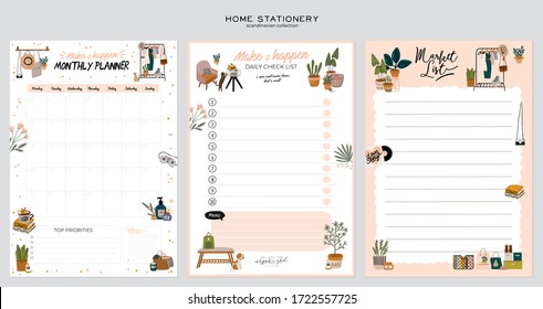 Collection of weekly or daily planner, note paper, to do list, stickers templates decorated with home interior decor illustrations and inspirational quote. School scheduler and organizer. Flat vector