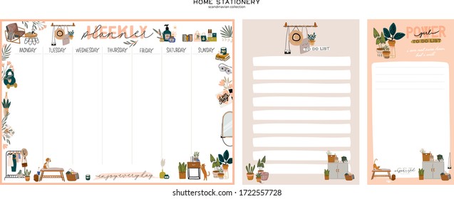 Collection of weekly or daily planner, note paper, to do list, stickers templates decorated with home interior decor illustrations and inspirational quote. School scheduler and organizer. Flat vector