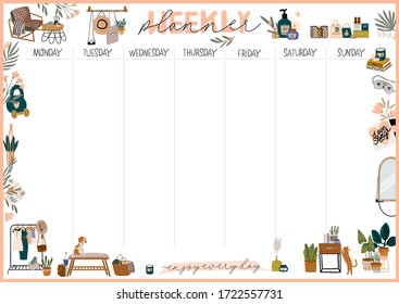 Collection of weekly or daily planner, note paper, to do list, stickers templates decorated with home interior decor illustrations and inspirational quote. School scheduler and organizer. Flat vector