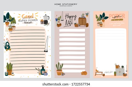 Collection of weekly or daily planner, note paper, to do list, stickers templates decorated with home interior decor illustrations and inspirational quote. School scheduler and organizer. Flat vector