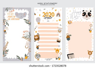 Collection of weekly or daily planner, note paper, to do list, stickers templates decorated by cute kids illustrations and inspirational quote. School scheduler and organizer. Flat vector
