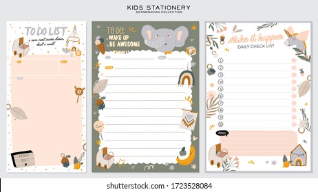Collection of weekly or daily planner, note paper, to do list, stickers templates decorated by cute kids illustrations and inspirational quote. School scheduler and organizer. Flat vector