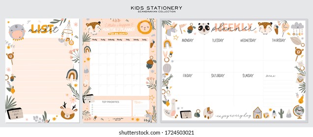 Collection of weekly or daily planner, note paper, to do list, stickers templates decorated by cute kids illustrations and inspirational quote. School scheduler and organizer. Flat vector