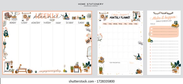 Collection of weekly or daily planner, note paper, to do list, stickers templates decorated with home interior decor illustrations and inspirational quote. School scheduler and organizer. Flat vector