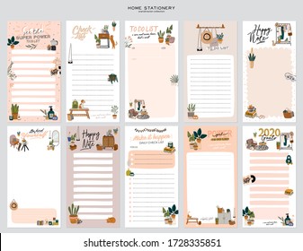 Collection of weekly or daily planner, note paper, to do list, stickers templates decorated with home interior decor illustrations and inspirational quote. School scheduler and organizer. Flat vector