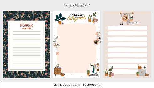 Collection of weekly or daily planner, note paper, to do list, stickers templates decorated with home interior decor illustrations and inspirational quote. School scheduler and organizer. Flat vector