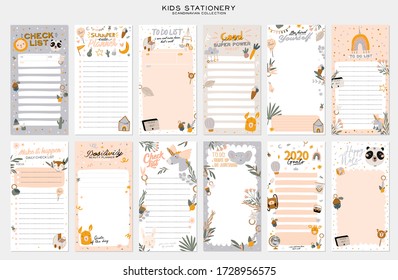 Collection of weekly or daily planner, note paper, to do list, stickers templates decorated by cute kids illustrations and inspirational quote. School scheduler and organizer. Flat vector
