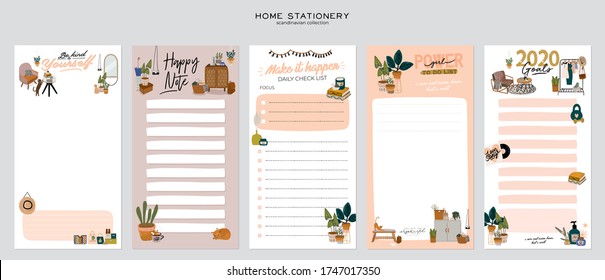 Collection of weekly or daily planner, note paper, to do list, stickers templates decorated with home interior decor illustrations and inspirational quote. School scheduler and organizer. Flat vector