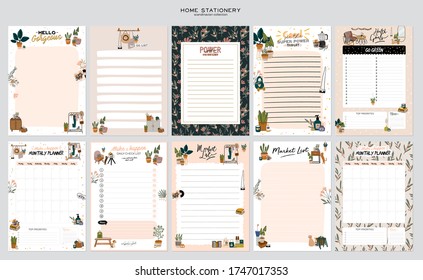 Collection of weekly or daily planner, note paper, to do list, stickers templates decorated with home interior decor illustrations and inspirational quote. School scheduler and organizer. Flat vector