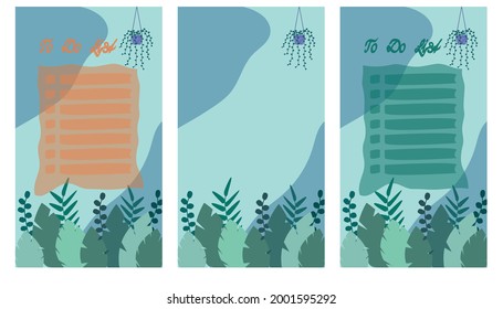 Colección de planificadores semanales o diarios, papel de nota, lista de tareas pendientes decorada con hojas verdes planas, fondo azul, fondo naranja