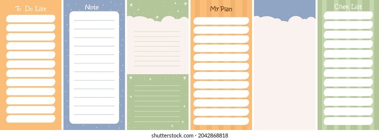 Collection of weekly or daily planner, note paper, to do list, stickers templates, planner-organizer, my plan, to-do list, check list and notes. Vector illustration. vertical templates