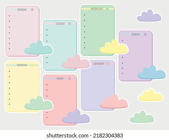 Collection of weekly or daily planner, note paper, to do list, stickers templates decorated with rainbow colors.	