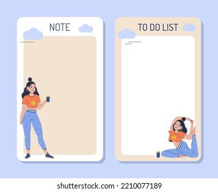 A collection of weekly or daily planner, note paper, to-do list, sticker templates decorated with cute illustrations of a sporty girl. Fashionable sports planner or organizer. Flat vector illustration