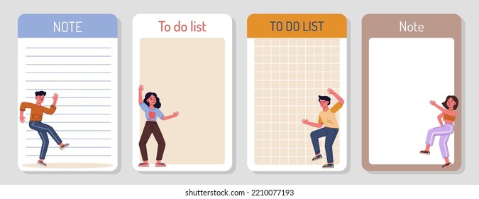A collection of weekly or daily planner, note paper, to-do list, sticker templates decorated with cute illustrations of dancing people. A fashionable planner or organizer. Flat vector