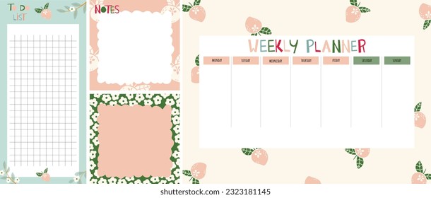 Collection of weekly or daily planner, note paper, to do list, sticker templates decorated with strawberry illustrations. School planner and organizer. flat vector