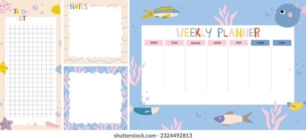 Collection of weekly or daily planner, note paper, to do list, sticker templates decorated with marine illustration with fish, shells and seaweed. School planner and organizer. flat vector