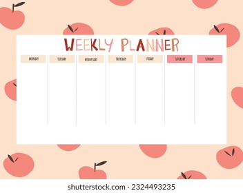 Collection of weekly or daily planner, note paper, to do list, sticker templates decorated with bright illustrations with apples, basket and plants. School planner and organizer. flat vector