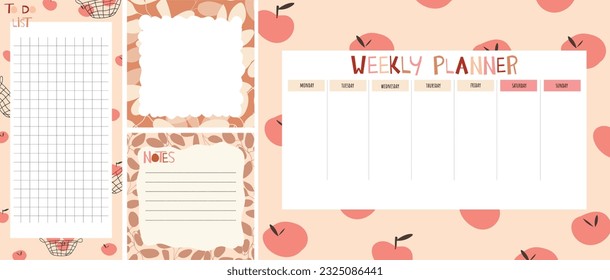 Collection of weekly or daily planner, note paper, to do list, sticker templates decorated with bright illustrations with apples, basket and plants. School planner and organizer. flat vector