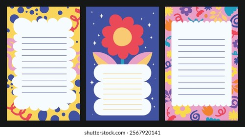 Collection of weekly or daily planner, note paper, to do list templates decorated with cute flat design flower floral illustrations, vintage retro scheduler or organizer