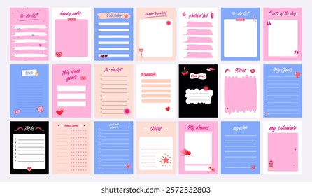 Collection of weekly or daily planner, note paper, to do list, sticker templates decorated by cute love illustrations.