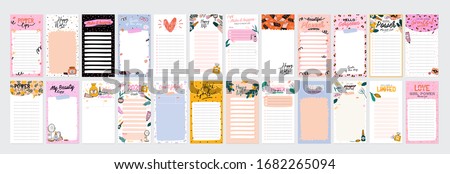 Collection of weekly or daily planner, note paper, to do list, stickers templates decorated by cute beauty cosmetic illustrations and trendy lettering. Trendy scheduler or organizer. Flat vector