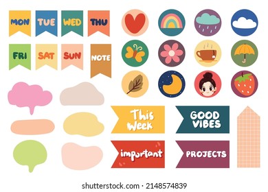 collection of weekly and daily planner sticker, notes, to do list, with lettering and cute icon. template for agenda, check list, stationery