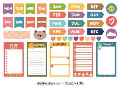 Collection of weekly or daily planner sticker, to do list, stickers templates. School scheduler and organizer