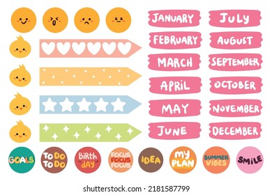 collection of weekly and daily planner sticker, notes, to do list, with lettering and cute icon. template for agenda, check list, stationery, font, alphabet