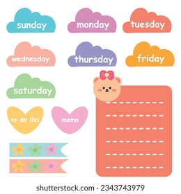 collection of weekly and daily planner sticker, notes, to do list, with lettering and cute icon. template for agenda, check list, stationery