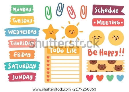 collection of weekly and daily planner sticker, notes, to do list, with lettering and cute icon. template for agenda, check list, stationery