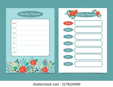 Collection of weekly or daily planner. Vector illustration. To do list, planner, Scrap booking list, organizer template for print with christmas flower poinsettia. 