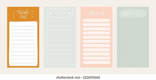 Collection of weekly or daily planners, note paper, to do lists, sticker templates.Cute doodle daily planner. Childish design of check list, meeting. Fashion planner or organizer. Vector stock graphic