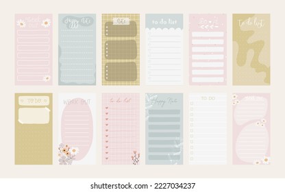 Collection of weekly or daily planners, note paper, to do lists, sticker templates decorated with cute cosmetic illustrations and trendy lettering. Fashion planner or organizer. Vector stock graphic.