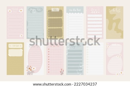 Collection of weekly or daily planners, note paper, to do lists, sticker templates decorated with cute cosmetic illustrations and trendy lettering. Fashion planner or organizer. Vector stock graphic.