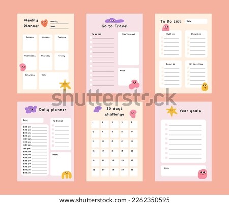 Collection of weekly or daily planners, note paper, to do lists with trendy abstract shapes and funny characters. Template for agenda, schedule, planners, checklists, notebooks, cards.