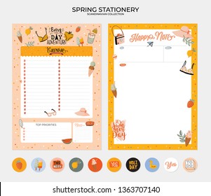 Collection of weekly and daily planners, sheet for notes and to do lists with summer  illustrations and lettering. Template for agenda, planners, check lists, and other stationery. Vector