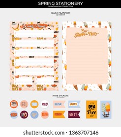Collection of weekly and daily planners, sheet for notes and to do lists with summer  illustrations and lettering. Template for agenda, planners, check lists, and other stationery. Vector