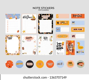 Collection of weekly and daily planners, sheet for notes and to do lists with summer  illustrations and lettering. Template for agenda, planners, check lists, and other stationery. Vector