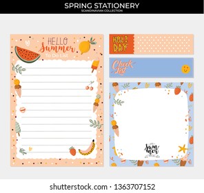 Collection of weekly and daily planners, sheet for notes and to do lists with summer  illustrations and lettering. Template for agenda, planners, check lists, and other stationery. Vector