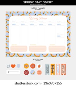 Collection of weekly and daily planners, sheet for notes and to do lists with summer  illustrations and lettering. Template for agenda, planners, check lists, and other stationery. Vector