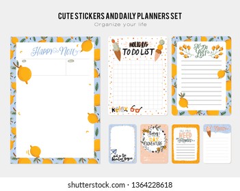 Collection of weekly and daily planners, sheet for notes and to do lists with summer  illustrations and lettering. Template for agenda, planners, check lists, and other stationery. Vector