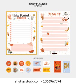 Collection of weekly and daily planners, sheet for notes and to do lists with summer  illustrations and lettering. Template for agenda, planners, check lists, and other stationery. Vector