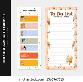Collection of weekly and daily planners, sheet for notes and to do lists with summer  illustrations and lettering. Template for agenda, planners, check lists, and other stationery. Vector
